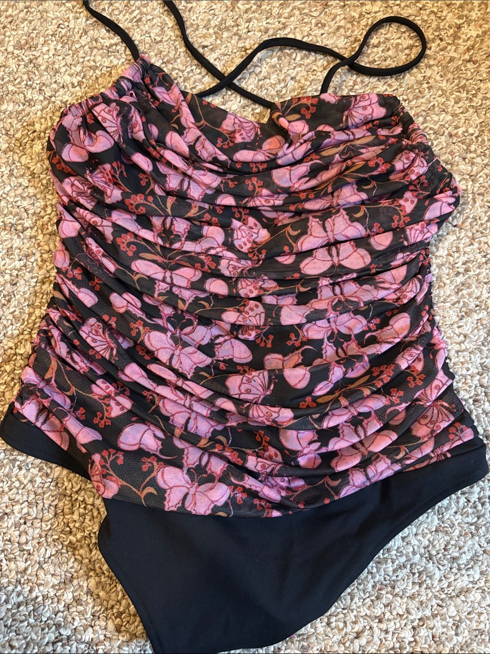 Free People Black Pink Floral Ruched Bodysuit